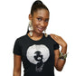 Black fitted tee with a silver rhinestone afro woman design, worn by a model.