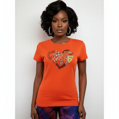 Orange "I Love Chocolate" rhinestone t-shirt with pearl oval stones and reflective film, modeled