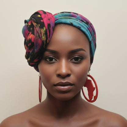 Woman wearing a vibrant tie-dye headwrap and large red Africa map silhouette statement earrings.
