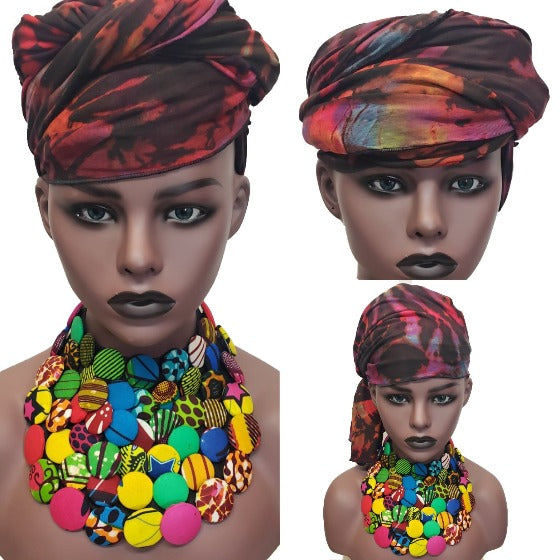 Brown base tie dye head wrap and scarf