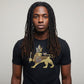 Black 100% cotton t-shirt with a gold and silver film and rhinestone lion wearing a crown graphic.