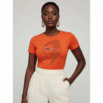 Orange Loc Diva T-shirt with a rhinestone natural hair design, worn by a model.