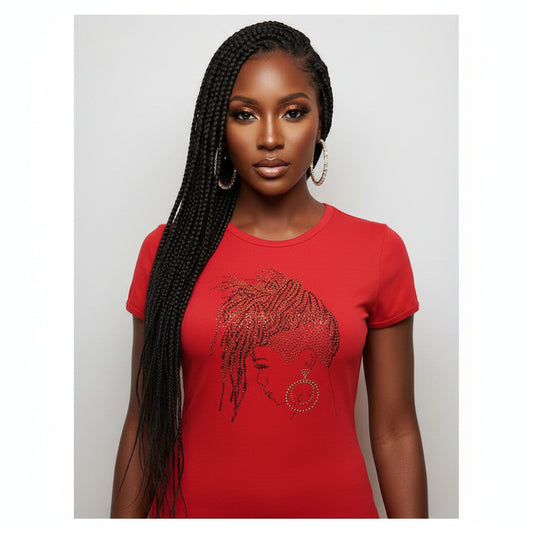 Woman in a red fitted cotton t-shirt with a sparkling rhinestone loc design, wearing large  earrings