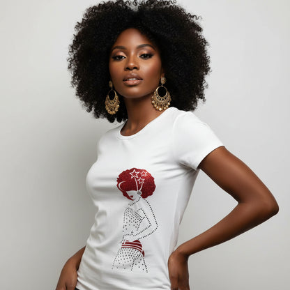 White women's t-shirt with a red rhinestone and reflective film afro design.