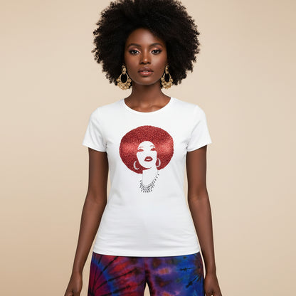 Woman in white fitted t-shirt with a bold red rhinestone afro and reflective film design.