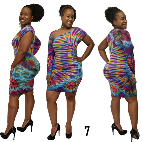 Samantha tie dyed midi dress with one long sleeve and one no sleeve