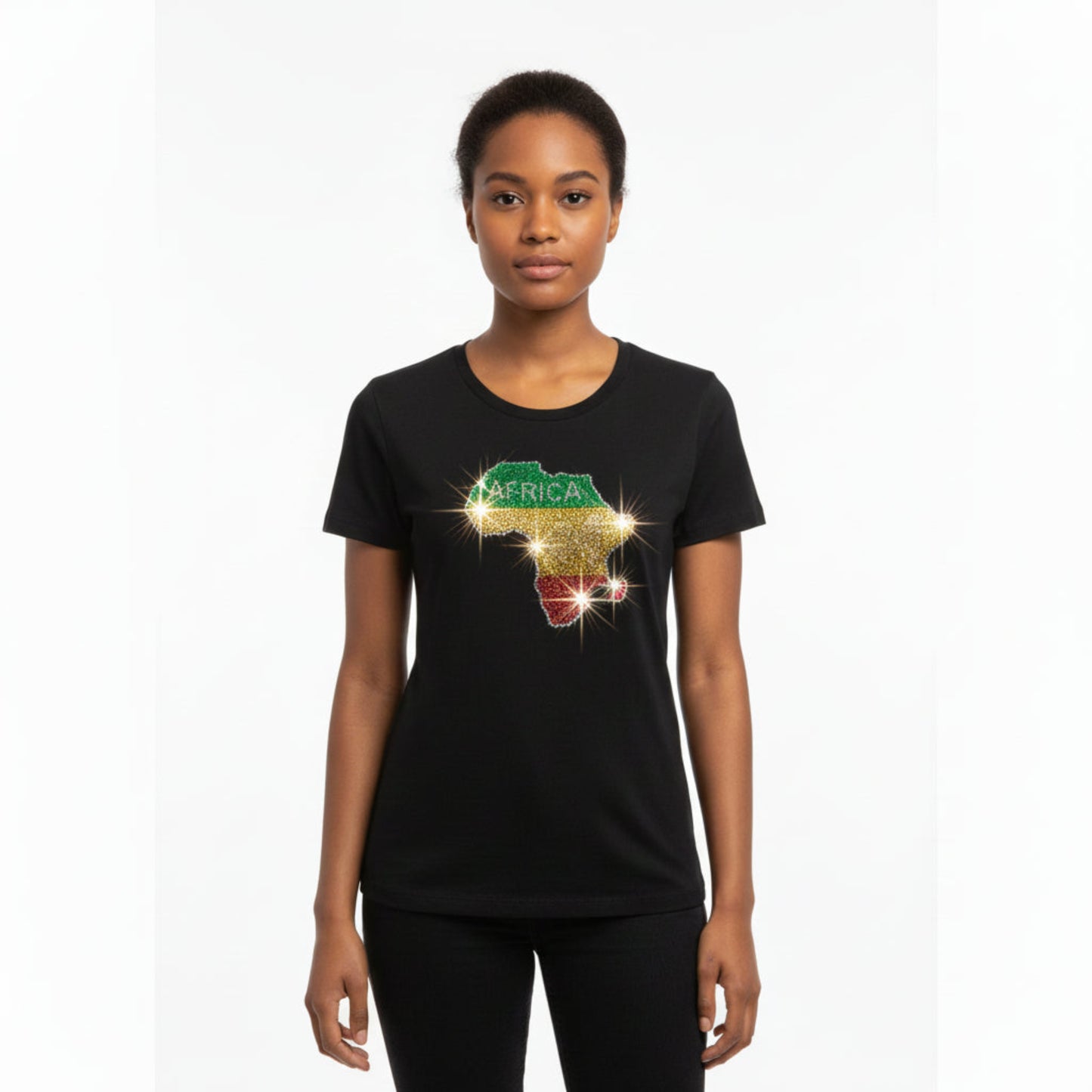Black t shirt with rhinestone map of Africa