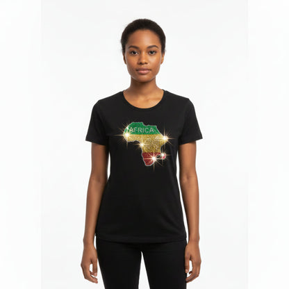 Black t shirt with rhinestone map of Africa