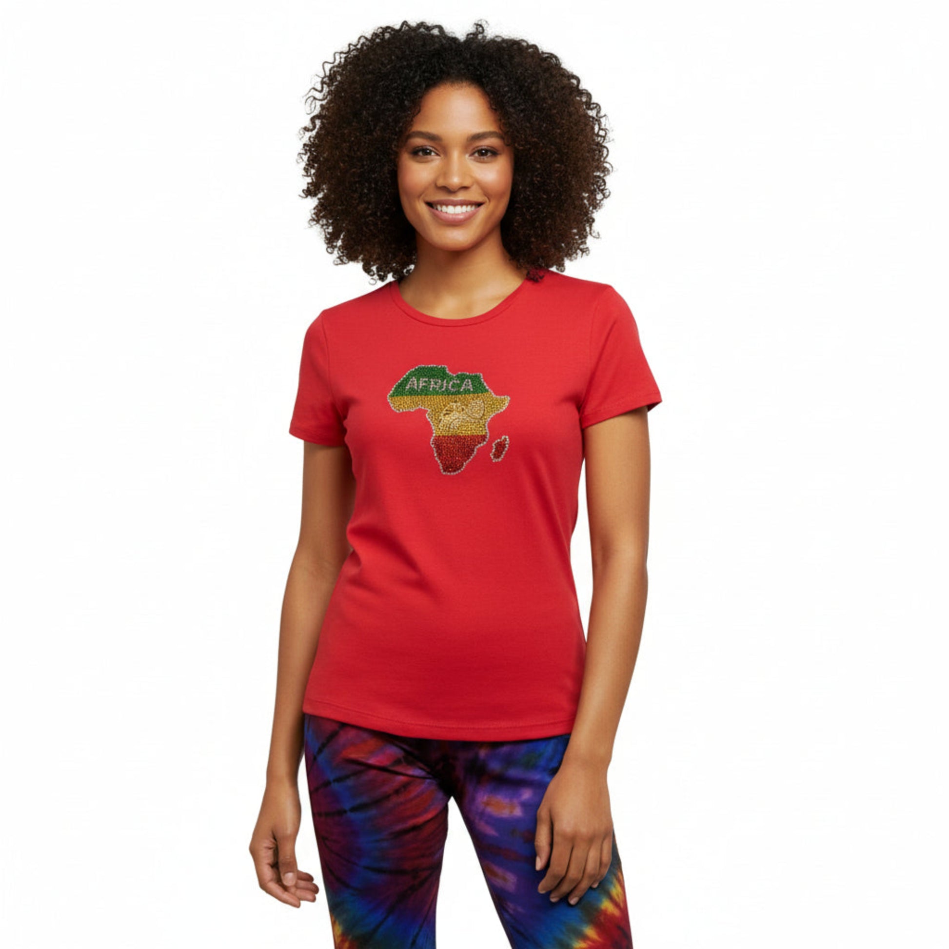 Red t shirt with rhinestone map of Africa