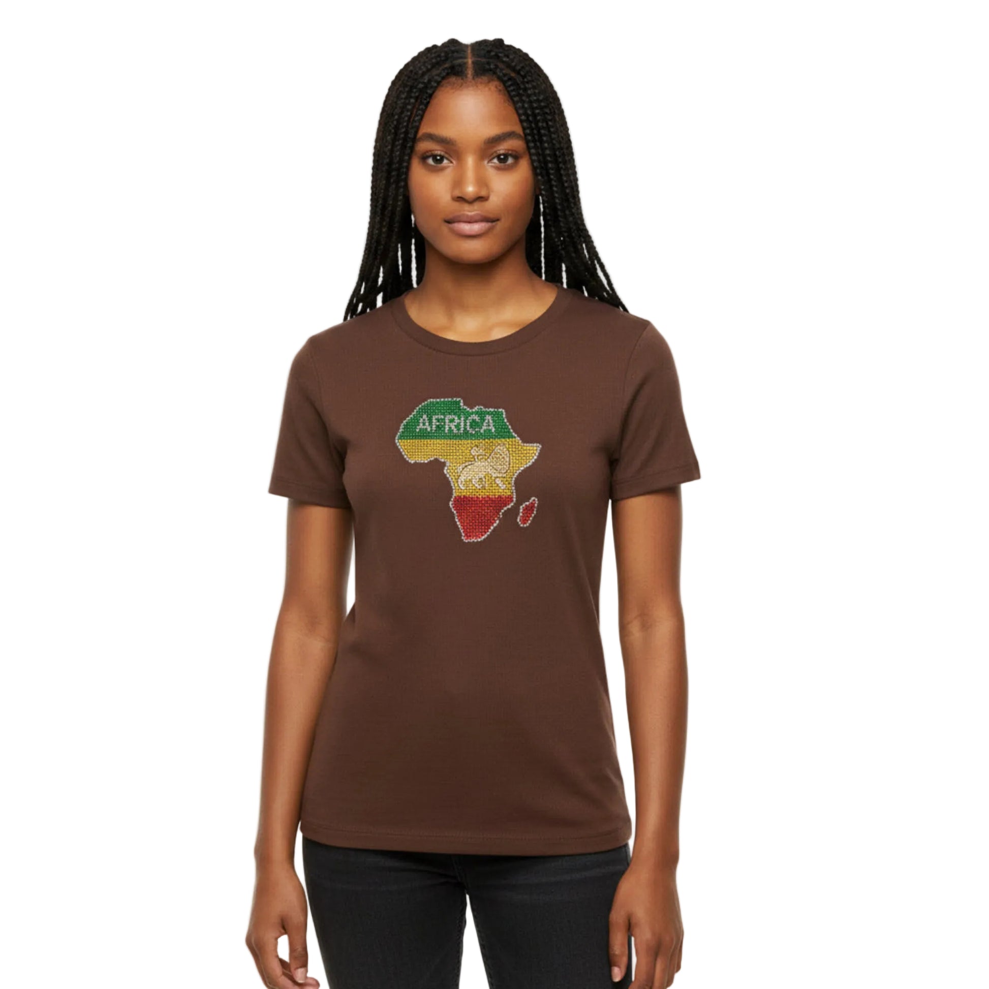 Brown t shirt with rhinestone map of Africa