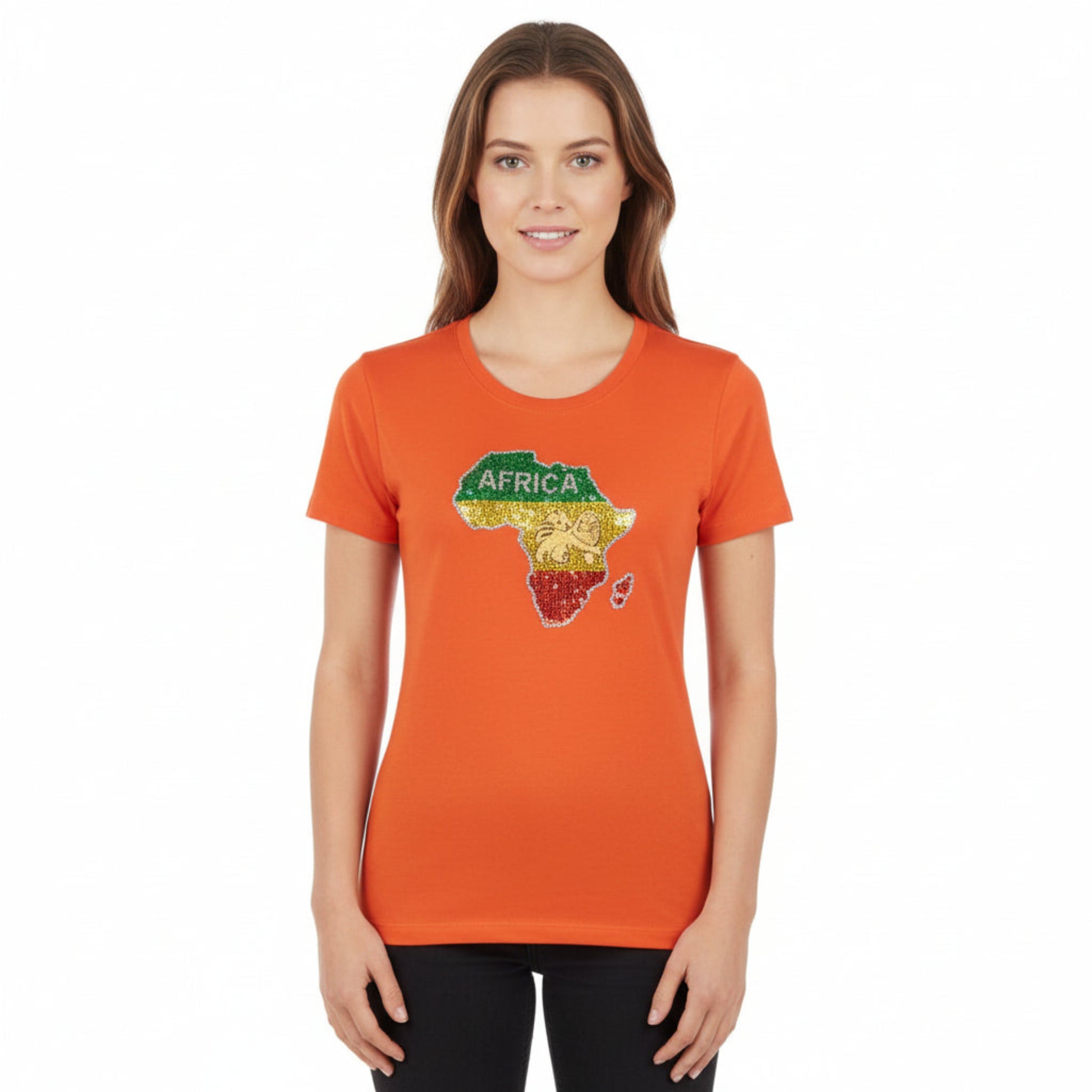 Orange t shirt with rhinestone map of Africa
