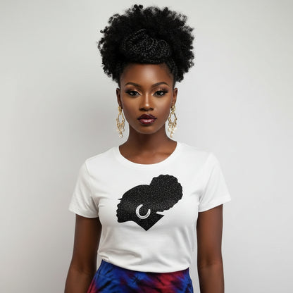Woman in white t-shirt with black rhinestone "Sophisticated Lady" silhouette with  earring design.