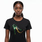 "Black women's Jamaica Stiletto rhinestone t-shirt with Jamaica flag colors design.