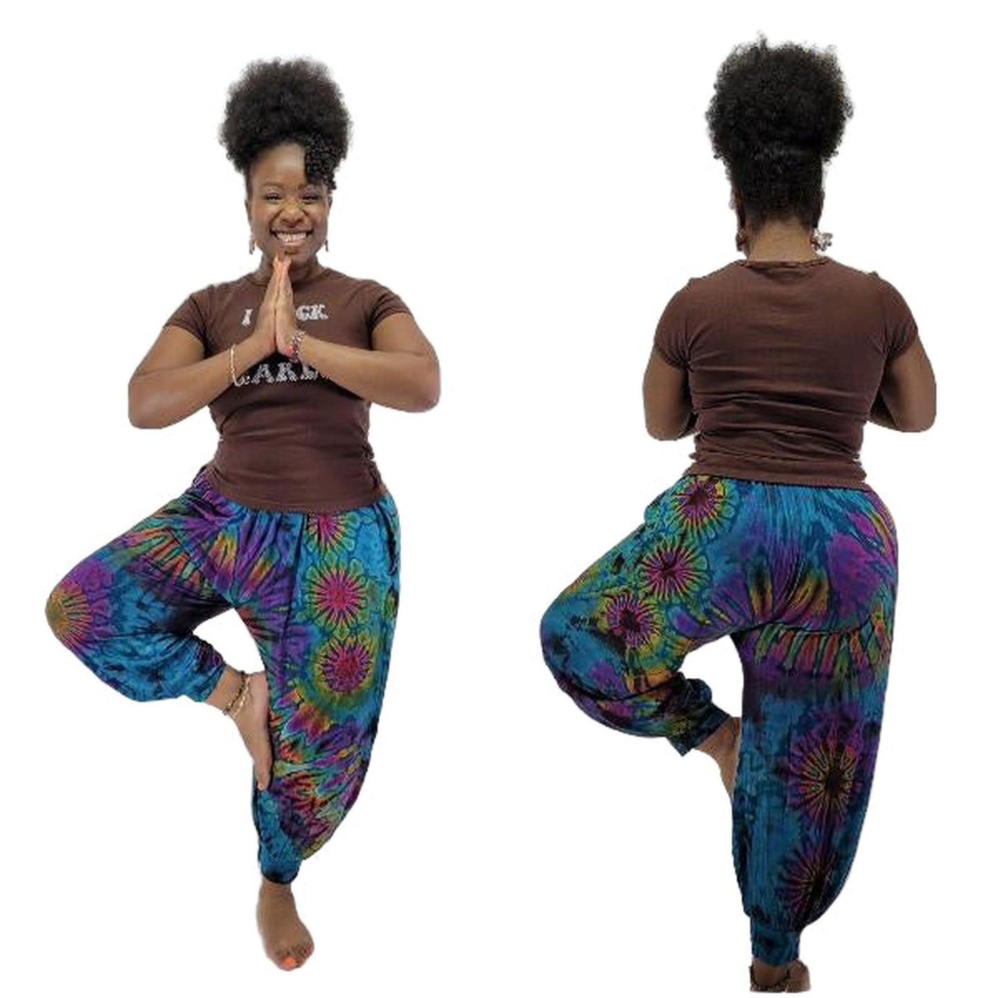 Woman wearing tie-dye pants and a brown shirt, showing front and back views on a white background.