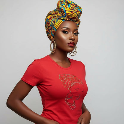 Woman in red t-shirt with rhinestone head wrap design, large gold hoop earrings, a