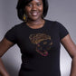 Black women's t-shirt with a gold and pink rhinestone head wrap crown design.