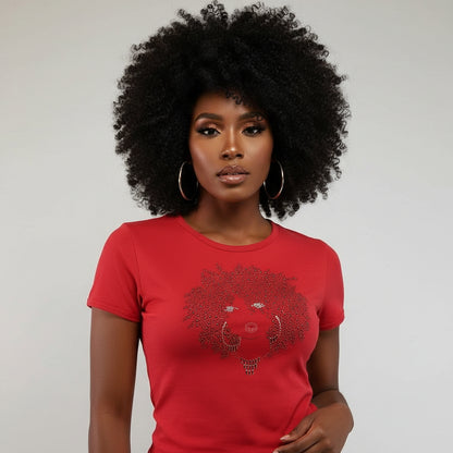 Woman in red Sassy Twist t-shirt with rhinestone and pearl lip design, hoop earrings, and natural hair.